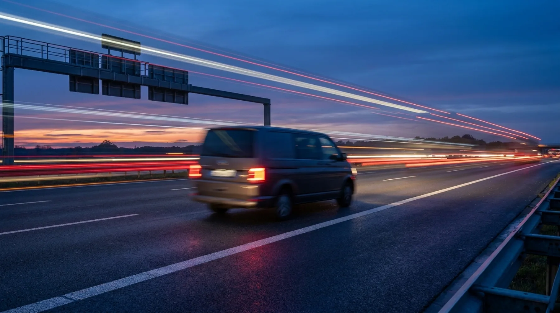 Fahrzeug-Eskorte auf der Autobahn in der Abenddämmerung